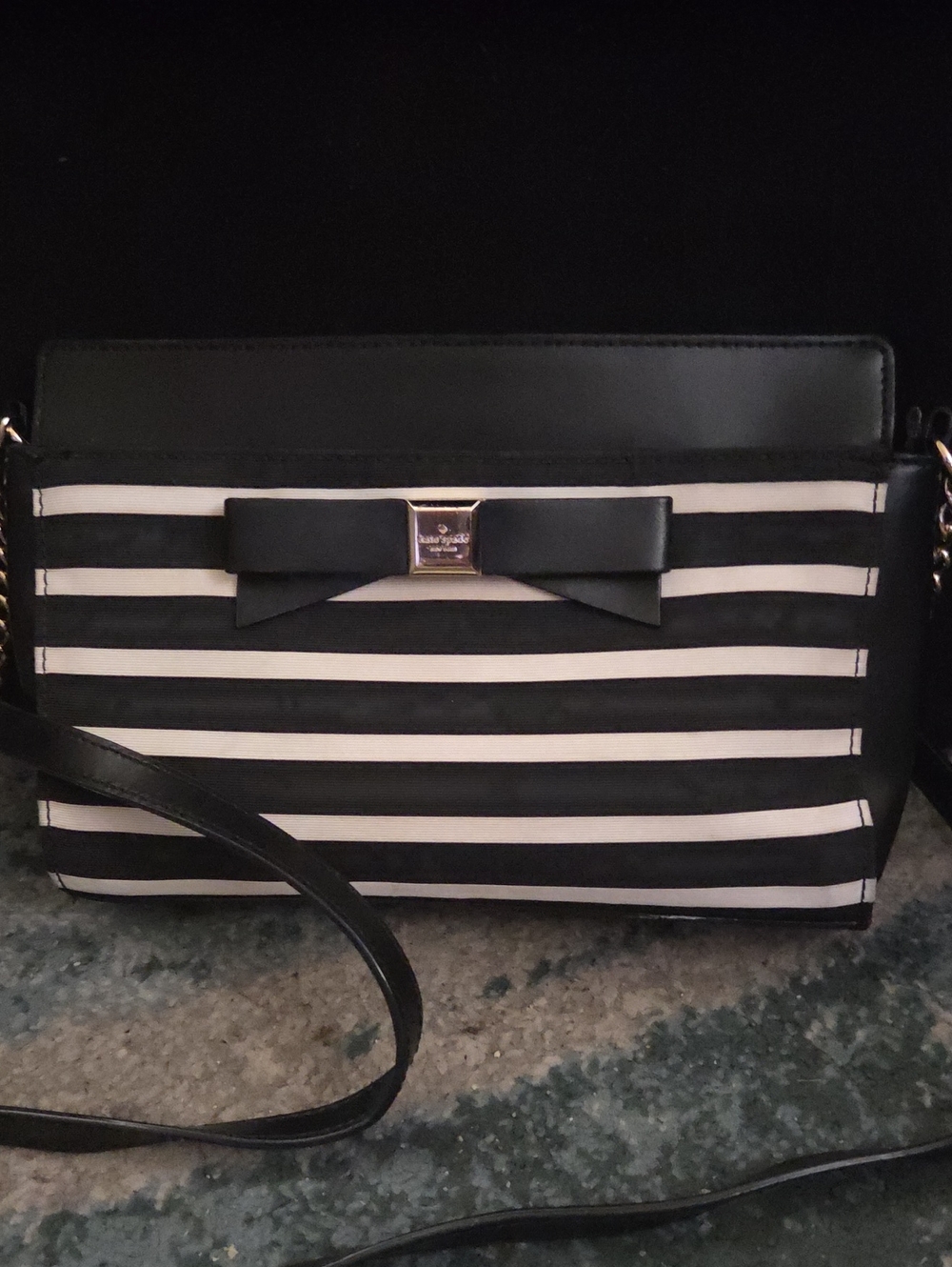Small Kate Spade Black & White Striped Crossbody Bag with Bow Accent